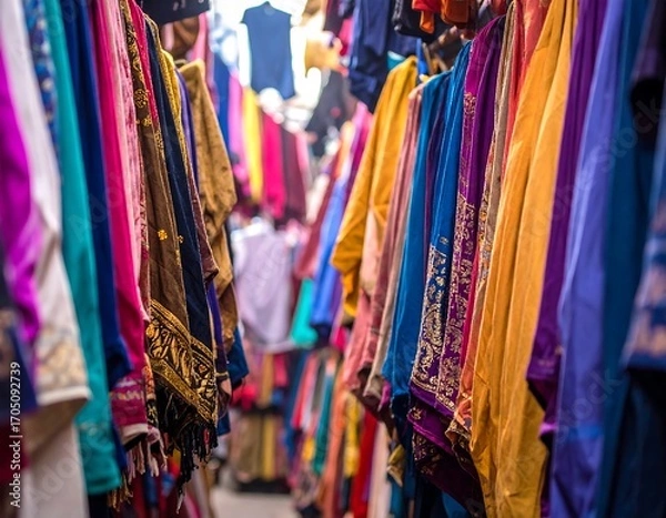 Obraz Colorful fabrics hang in a market alley