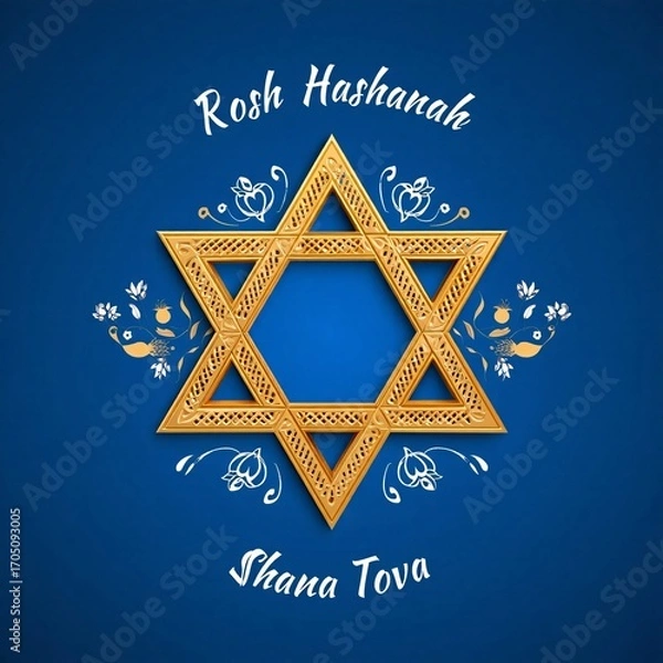 Fototapeta Golden star of david with rosh hashanah greetings on blue background