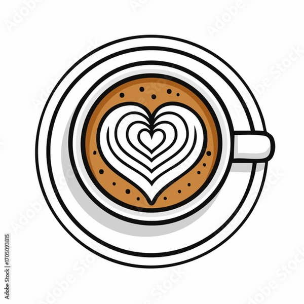 Obraz Charming hand-drawn illustration of a warm coffee beverage featuring beautiful heart latte art in a classic white cup and saucer, viewed from above, symbolizing comfort and affection