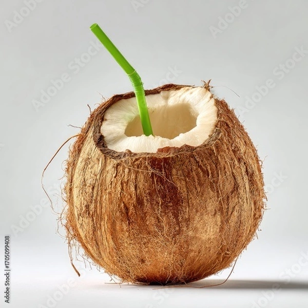 Fototapeta A halved coconut, filled with a beverage and a green straw, sits against a plain backdrop