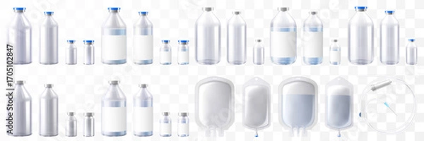 Fototapeta Transparent glass bottles for injections mockup. Vector illustration isolated on white background. Can be use for medicine, cosmetic and other. Ready for your design. EPS10. Realistic 3d vector
