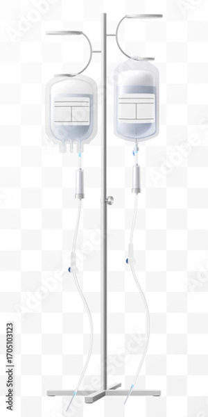 Fototapeta Medical drip system with bag on tube isolated on transparent background. IV Blood Bag Dropper Stand. Laboratory equipment for blood transfusion. Realistic 3D vector illustration.