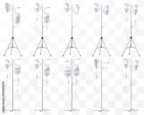 Fototapeta Set of Hospital IV Stands, Medical Infusion Pole with Hooks isolated on transparent background. IV Blood Bag Dropper Stand. Laboratory equipment for blood transfusion. Realistic 3d Vector Illustration