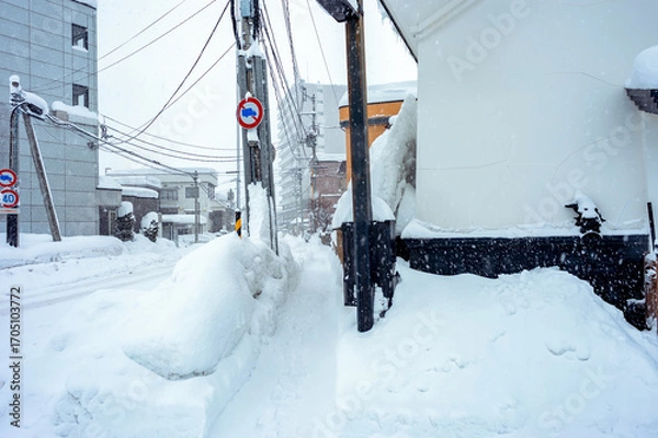 Fototapeta 【青森】豪雪地の雪国の生活。住宅地の生活道路の雪景色。