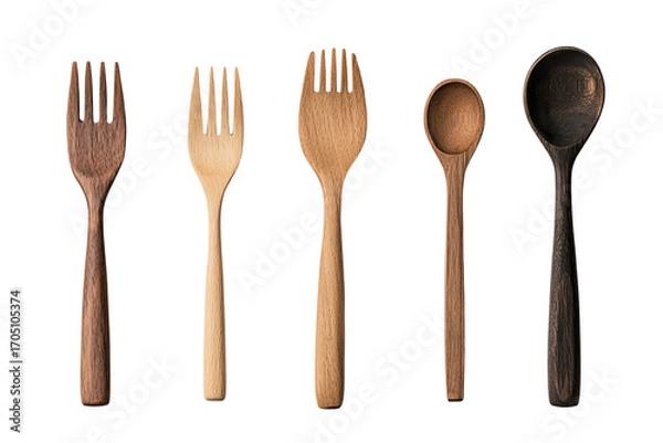 Fototapeta A collection of wooden utensils including forks and spoons, perfect for cooking and serving, isolated on a white background.