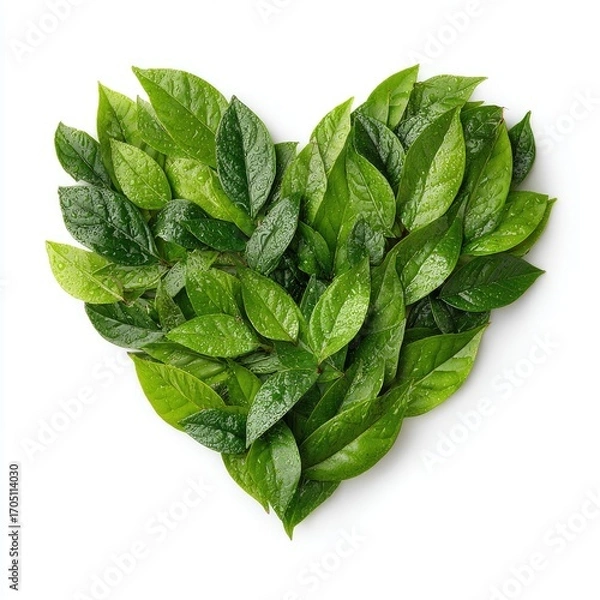 Fototapeta Fresh green leaves arranged in a heart shape on a white background