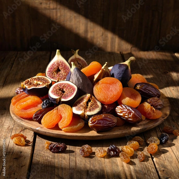 Fototapeta dried fruits on the table dried apricots, figs, dates, raisins, prunes