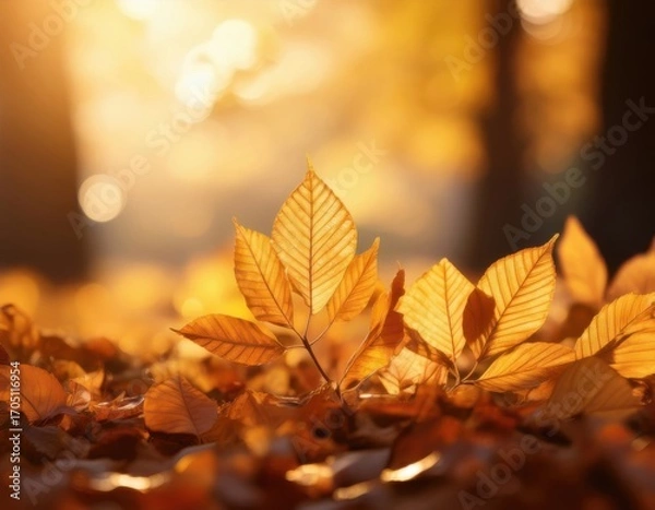 Fototapeta Close-up of golden autumn leaves on the ground with warm sunlight and soft bokeh background