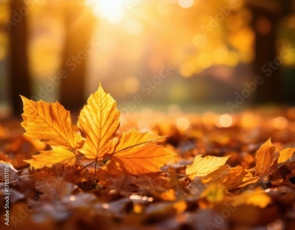 Fototapeta Close-up of golden autumn leaves on the ground with warm sunlight and soft bokeh background