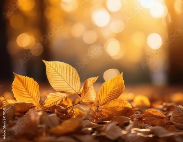 Fototapeta Close-up of golden autumn leaves on the ground with warm sunlight and soft bokeh background