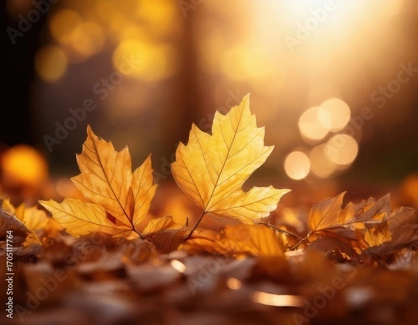 Fototapeta Close-up of golden autumn leaves on the ground with warm sunlight and soft bokeh background