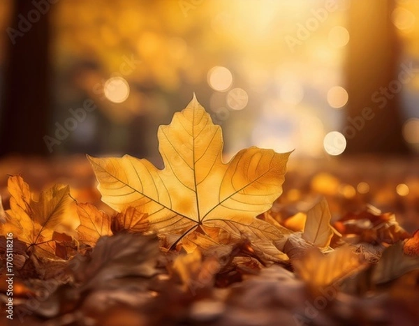 Fototapeta Close-up of golden autumn leaves on the ground with warm sunlight and soft bokeh background