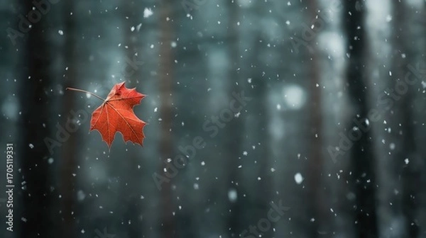 Fototapeta A solitary, vibrant red maple leaf is suspended in mid-air, glistening with tiny snowflakes as more fall gently around it. The leaf is set against a blurry, cold winter forest backdrop.