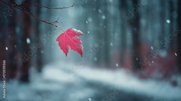 Fototapeta A lone, vibrant red leaf, delicately dusted with snow, hanging from a bare branch amidst a blurry, cold winter forest. The image powerfully symbolizes resilience, beauty, and hope.