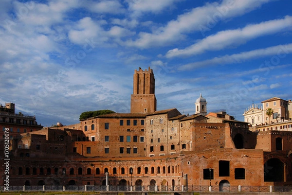 Fototapeta View of Trajan's Forum old ruins with medieval tower at the top in Rome