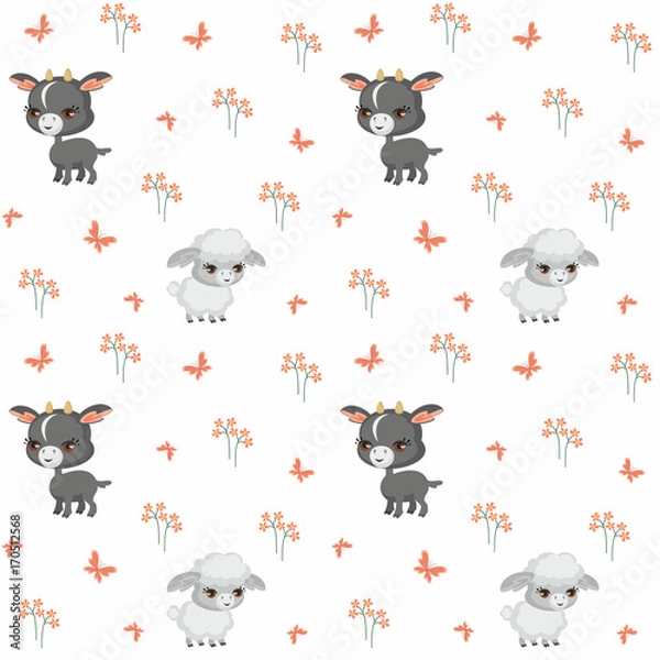 Fototapeta Vector colorful seamless pattern with the image of farm animals in cartoon style.