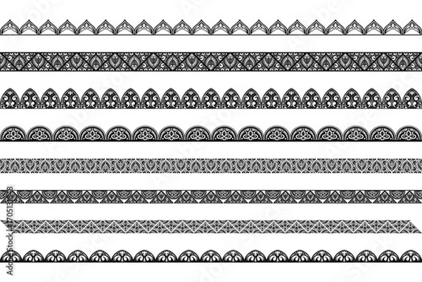 Fototapeta Set of seamless borders for design and application of henna. Mehndi style. Decorative pattern in oriental style.