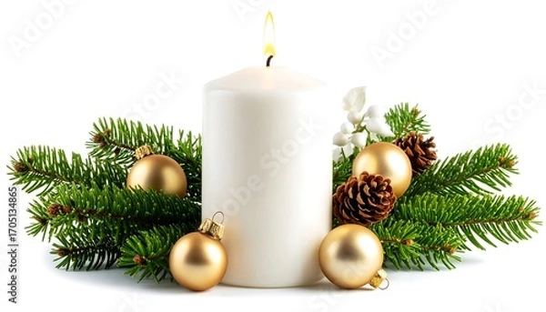 Obraz Christmas candle with ornaments and greenery