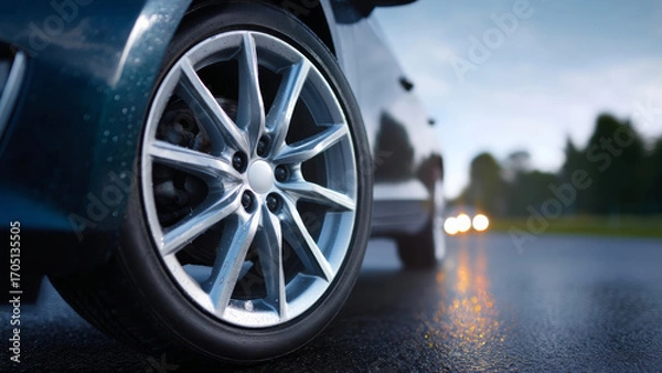 Fototapeta Car wheel close up on wet road with blurred headlights in background as automakers push ev sales before tax credit expires
