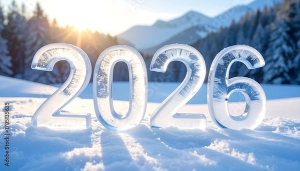 Fototapeta Sparkling icy numerals "2026" on a snowy landscape, mountain backdrop, with sunshine