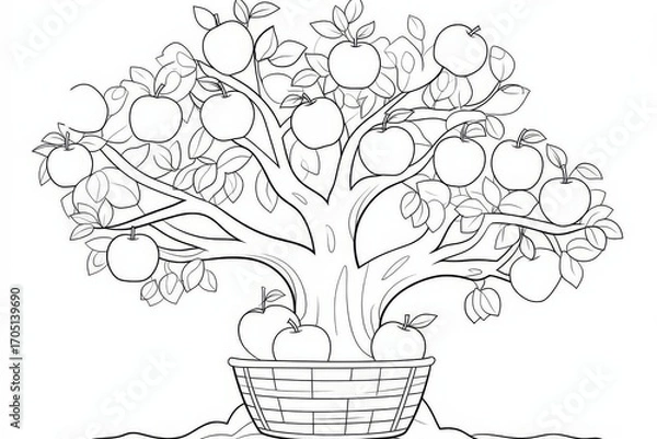 Fototapeta Cartoon apple tree with apples in a basket on a meadow, simple design with thick lines, perfect for kids coloring page.