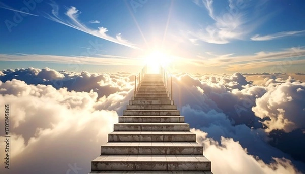 Fototapeta Stairway ascends through fluffy clouds towards a bright, radiant sun in the sky. Image evokes peace and aspiration