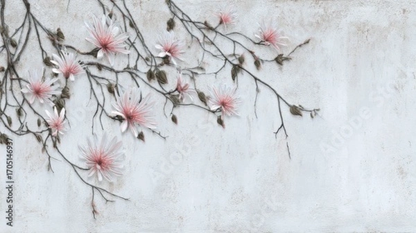 Obraz Colorful flowers on aged white cement wall background, rustic floral digital wallpaper design with textured stone pattern for modern interior decor and decorative wall tiles