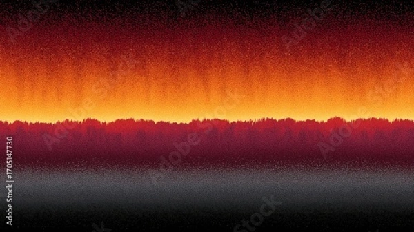 Fototapeta Textured abstract landscape with fiery orange gradient sky over dark red forest silhouette