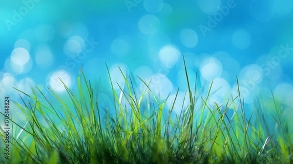 Obraz Abstract natural green grass field with blue sky and soft glowing bokeh light effect, bright summer spring season nature landscape background for modern digital wallpaper design