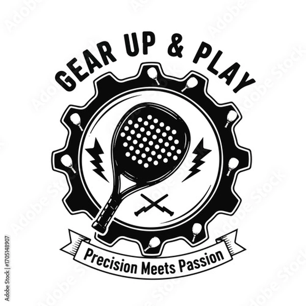 Fototapeta Black and white logo featuring a padel racket inside a gear, with text and design elements.