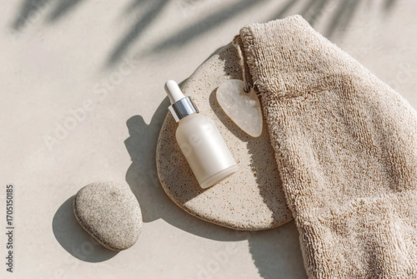 Fototapeta Minimalist skincare flat lay featuring natural products and textures for a calming aesthetic