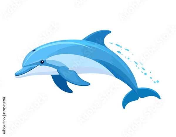 Obraz A stylized illustration of a blue dolphin leaping, with water splashing from its body, isolated on a white background.