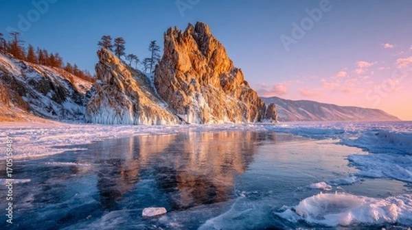 Fototapeta Rocky cliff with icicles and small trees on a snowcovered lakeshore reflecting on the ice