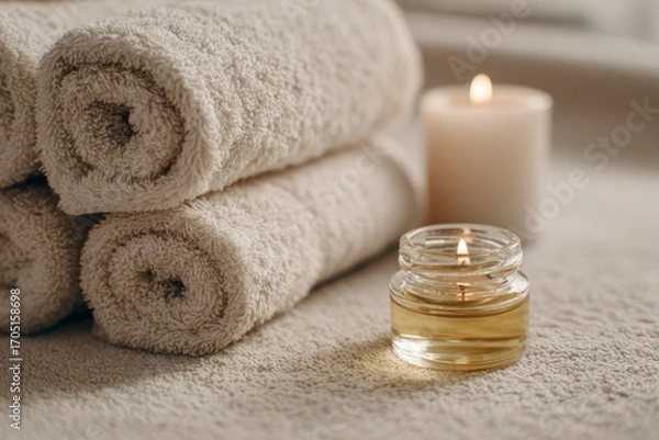 Fototapeta Rolled towels sit near candles creating a spalike ambiance with a textured surface