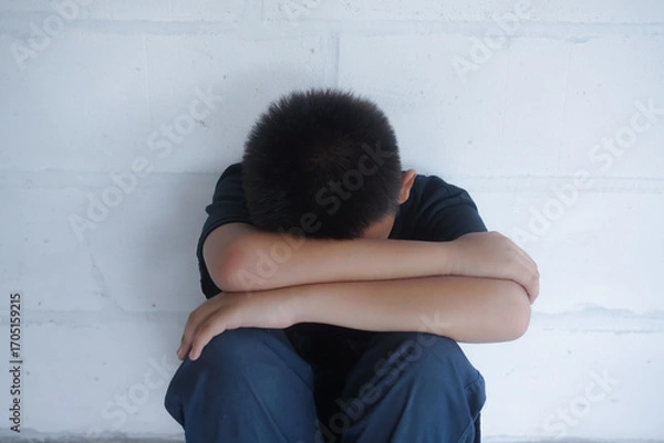 Obraz Stop abusing boy violence. child bondage , violence, terrified , A fearful child , Human Rights Day concept.	