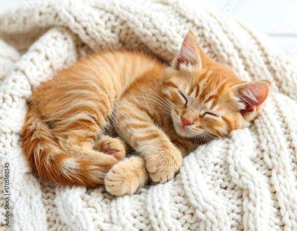Obraz Orange kitten sleeping in a knitted blanket