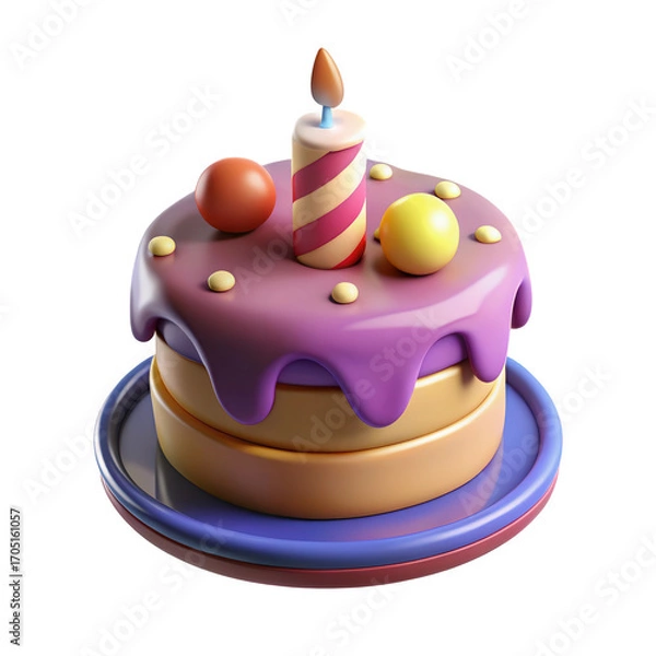 Fototapeta 3d cartoon birthday cake with candle isolated on transparent background