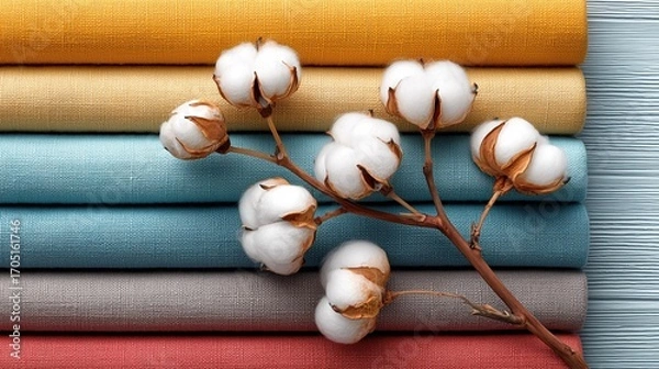Fototapeta Branch with soft cotton balls placed on colorful fabrics, symbolizing cotton production, natural textile industry, fabric manufacturing, and eco friendly material background