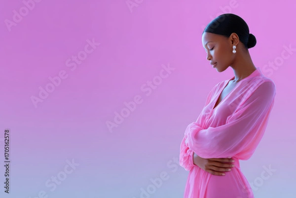 Fototapeta Fashion model posing with crossed arms on gradient background