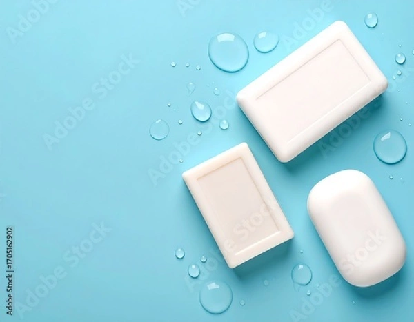 Obraz Three bars of white soap on a light blue surface with water droplets