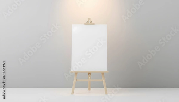 Fototapeta Blank Vertical White Canvas on a Wooden Easel with Spotlights in a Studio