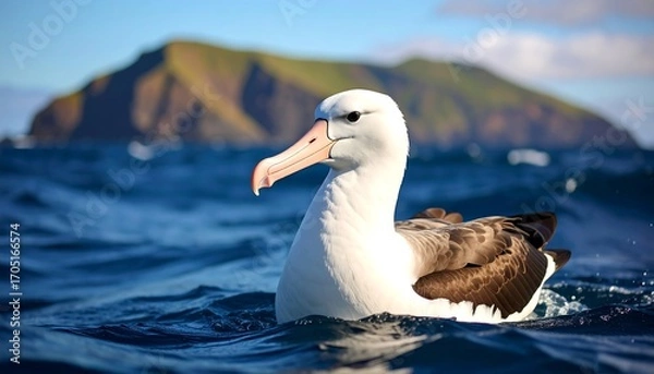 Fototapeta A white and brown seabird on water, with a distant island