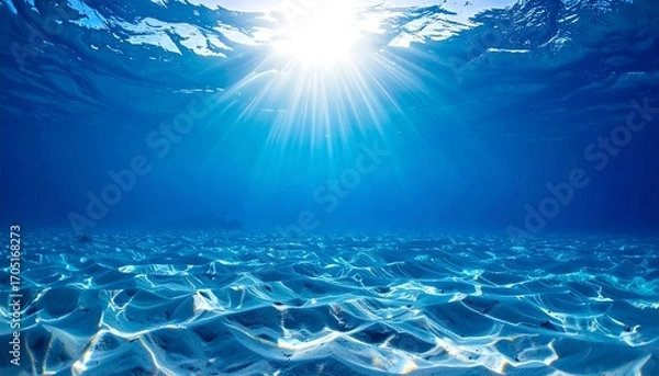 Fototapeta Sunlight streams from above underwater, illuminating sandy ocean floor. Blue water with rays