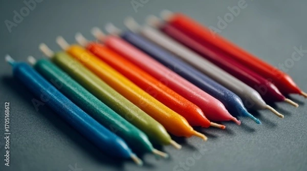 Fototapeta Row of colorful birthday candles in a diagonal line against a gray background displaying the colors of the rainbow