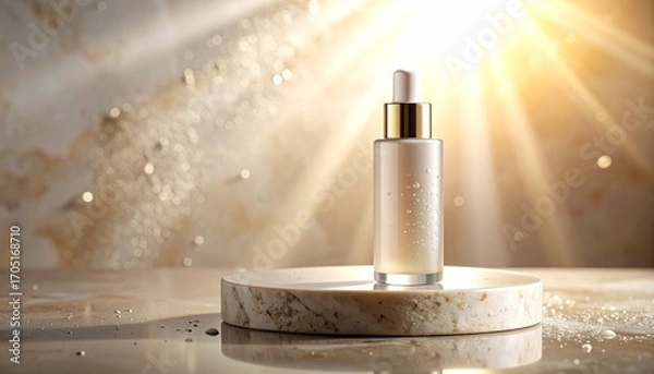 Fototapeta A luxurious cosmetic serum bottle with a gold dropper rests on a stone podium, illuminated by radiant golden sunbeams against a textured background.