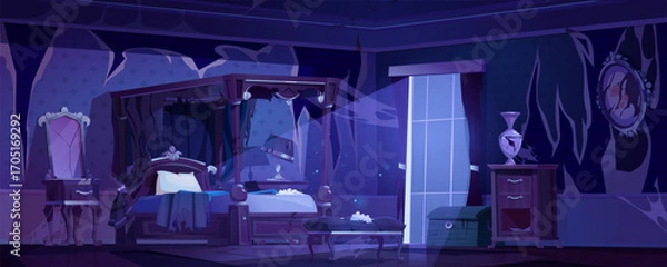Obraz Abandoned bedroom night interior with dusty furniture, broken mirror and cobwebs everywhere. Old canopy bed, vintage dresser with vase, torn curtain by window. Mysterious horror or haunted house scene