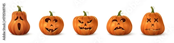 Fototapeta Halloween pumpkin faces set with five carved jack lanterns showing different expressions. Scary, funny, spooky and stitched faces in orange festive style. Seasonal holiday vector illustration.