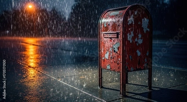Fototapeta Red mailbox stands in heavy rain, worn paint, wet street reflects light