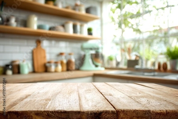 Fototapeta Rustic wooden table stands in a bright kitchen with blurred shelves mixer sink and sunlit window