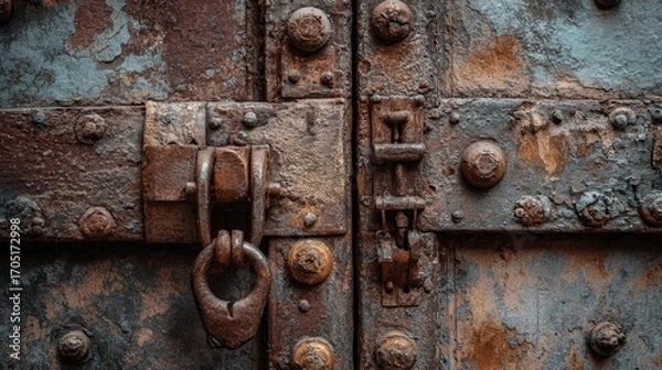 Fototapeta Rusty door with an aged iron latch peeling paint and rivet details